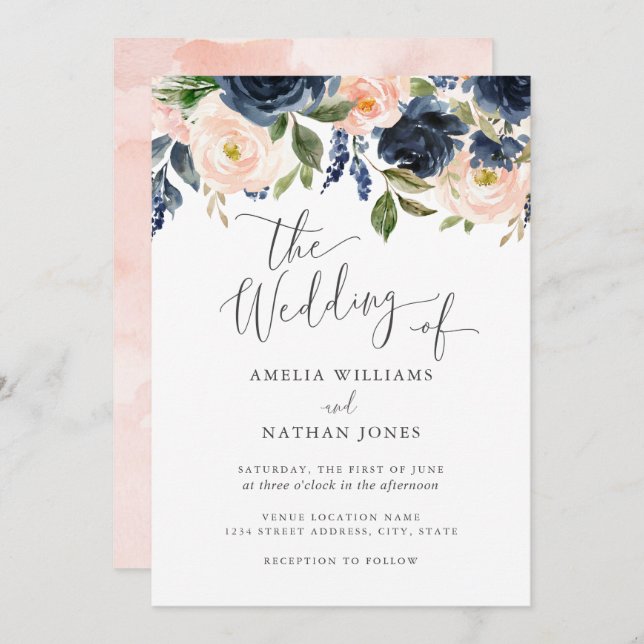 Invitation Mariage floral moderne Blush Navy (Devant / Derrière)