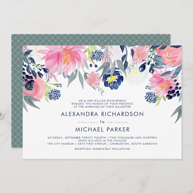 Invitation Mariage floral moderne Blush Rose et Navy (Devant / Derrière)
