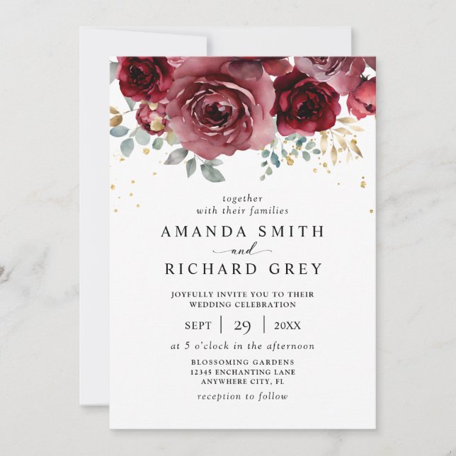 Invitation Mariage floral moderne Boho Bourgogne rouge et or (Devant)
