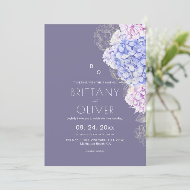 Invitation Mariage Floral Moderne Botanique Lavande & Blanc (Debout devant)