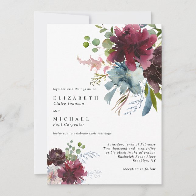 Invitation Mariage floral moderne Bourgogne Dusty Blue Peach (Devant)