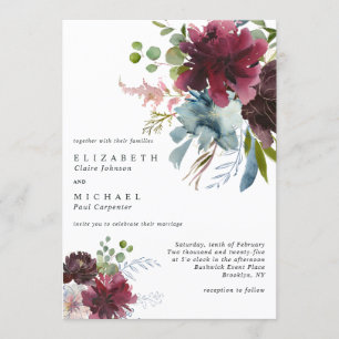 Invitation Mariage floral moderne Bourgogne Dusty Blue Peach