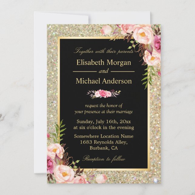 Invitation Mariage floral moderne brillant or (Devant)
