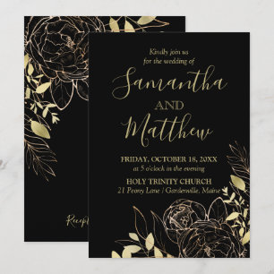 Invitation Mariage Floral Moderne Classique Noir & Or Paonies