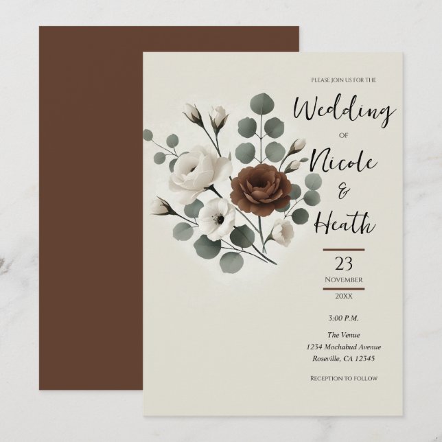 Invitation Mariage Floral Moderne Crème Moka Blanc (Devant / Derrière)