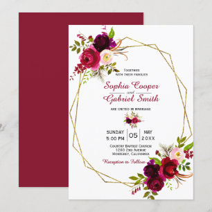 Invitation Mariage floral moderne de cadre d'or de Bourgogne