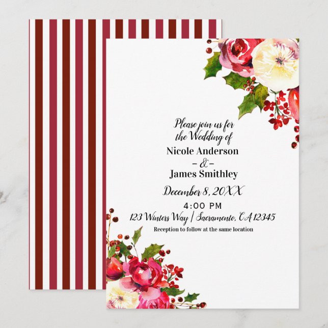 Invitation Mariage Floral Moderne d'Hiver de Vacances de Noël (Devant / Derrière)