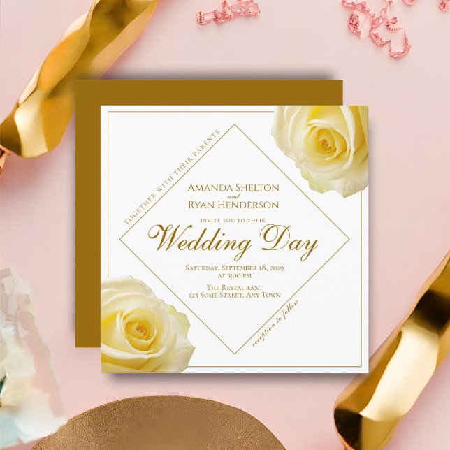 Invitation Mariage Floral Moderne Écriture Dorée Rose Jaune (Créateur téléchargé)