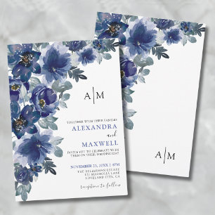 Invitation Mariage floral moderne élégant bleu marine