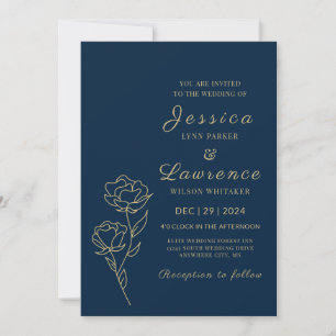 Invitation Mariage Floral Moderne Élégant Bleu Nuit et Or