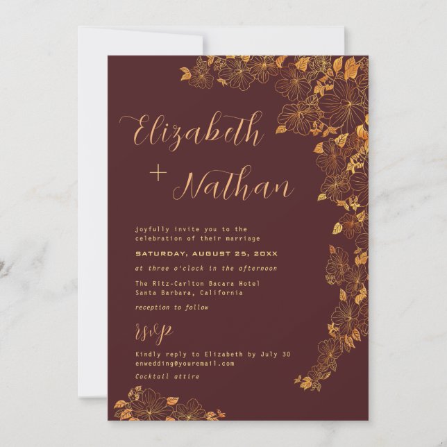 Invitation Mariage floral moderne Elégant Bourgogne Gold (Devant)