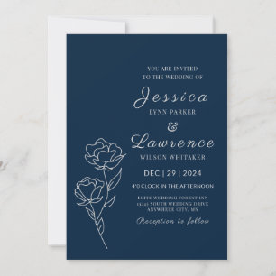 Invitation Mariage floral moderne Elégant Marine bleu argent