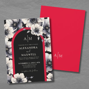 Invitation Mariage Floral Moderne Élégant Noir Rouge