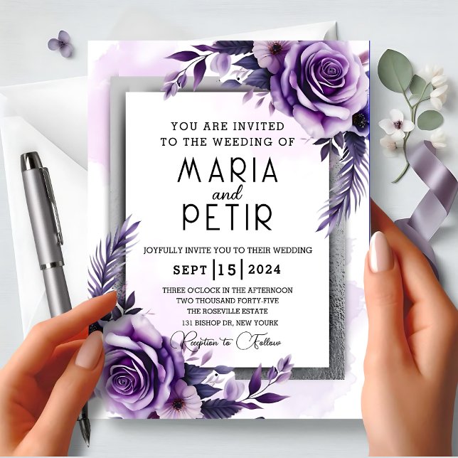 Invitation Mariage floral moderne, élégant, violet et argent (Créateur téléchargé)