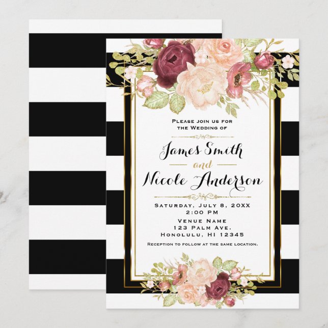 Invitation Mariage Floral moderne Glam noir blanc rayures (Devant / Derrière)