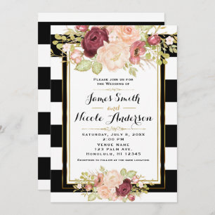 Invitation Mariage Floral moderne Glam noir blanc rayures
