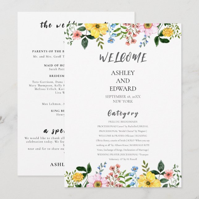 Invitation Mariage Floral Moderne Jaune Bleu Rose Printemps (Devant / Derrière)