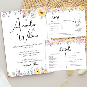 Invitation Mariage Floral Moderne Jaune Moutarde et Lavande