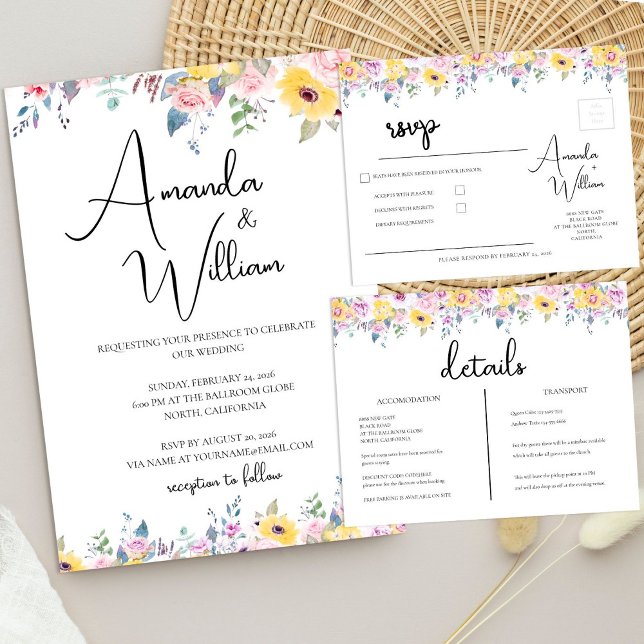 Invitation Mariage Floral Moderne Jaune Moutarde et Lavande (Modern Mustard Yellow and Lavender Floral Wedding Invitation)