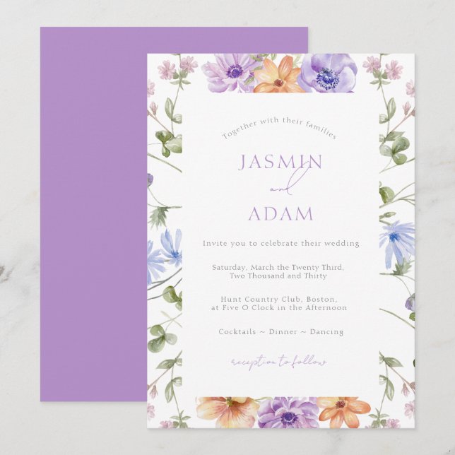 Invitation Mariage floral moderne Lilac & Peach (Devant / Derrière)