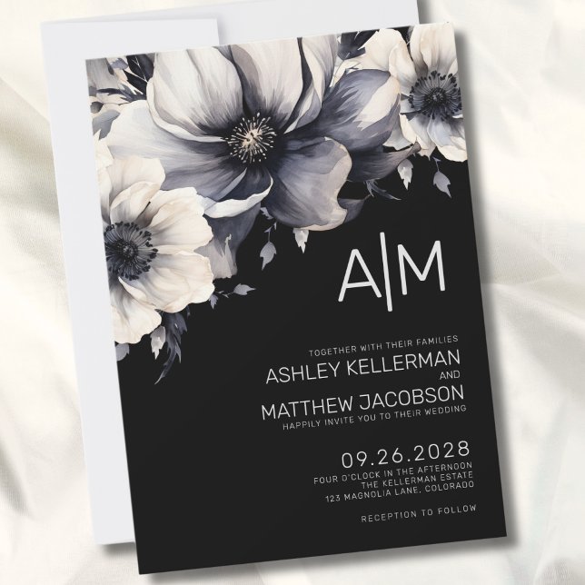 Invitation Mariage Floral Moderne Noir (Modern Black White Initial Monogram Floral Wedding Invitation)