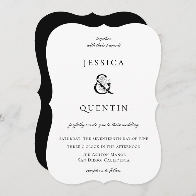 Invitation Mariage Floral moderne noir et blanc (Devant / Derrière)