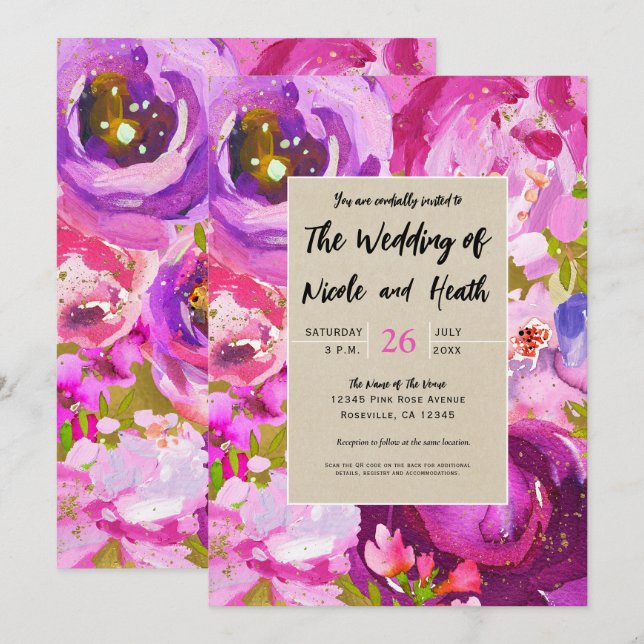 Invitation Mariage Floral Moderne Or Rose Violet (Devant / Derrière)