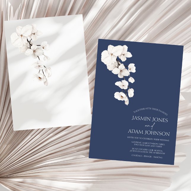 Invitation Mariage Floral Moderne Orchidée Blanche Bleu Nuit (Modern Navy Blue White Orchids Flowers Wedding Invitation)