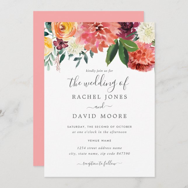 Invitation Mariage floral moderne Peach Burgundy (Devant / Derrière)