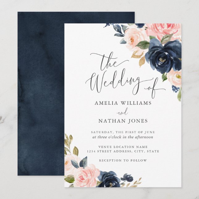 Invitation Mariage Floral Moderne Rose Navy (Devant / Derrière)