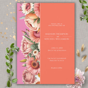 Invitation Mariage Floral Moderne Rose Orange Lever de Soleil