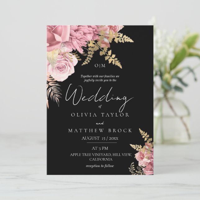 Invitation Mariage Floral Moderne Rose Pâle et Or Noir (Debout devant)