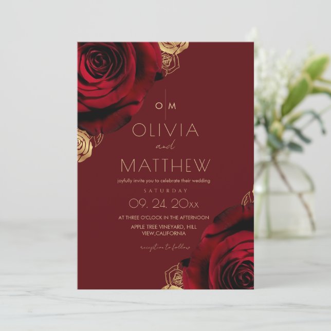 Invitation Mariage Floral Moderne Rose Rouge Rustique  (Debout devant)