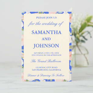 Invitation Mariage Floral Moderne Royal Bleu et Ivoire Antiqu