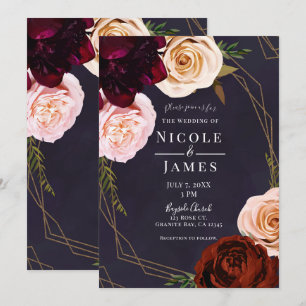 Invitation Mariage Floral Moderne Rustique Pourpre et Or