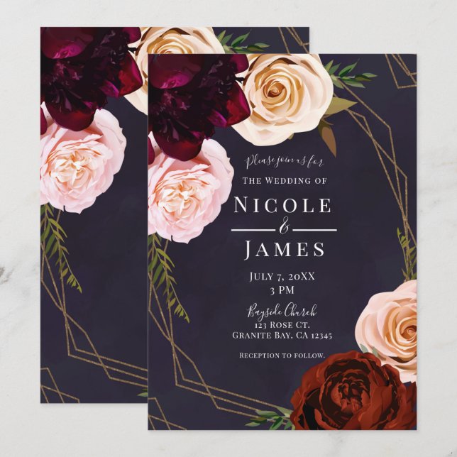 Invitation Mariage Floral Moderne Rustique Pourpre et Or (Devant / Derrière)