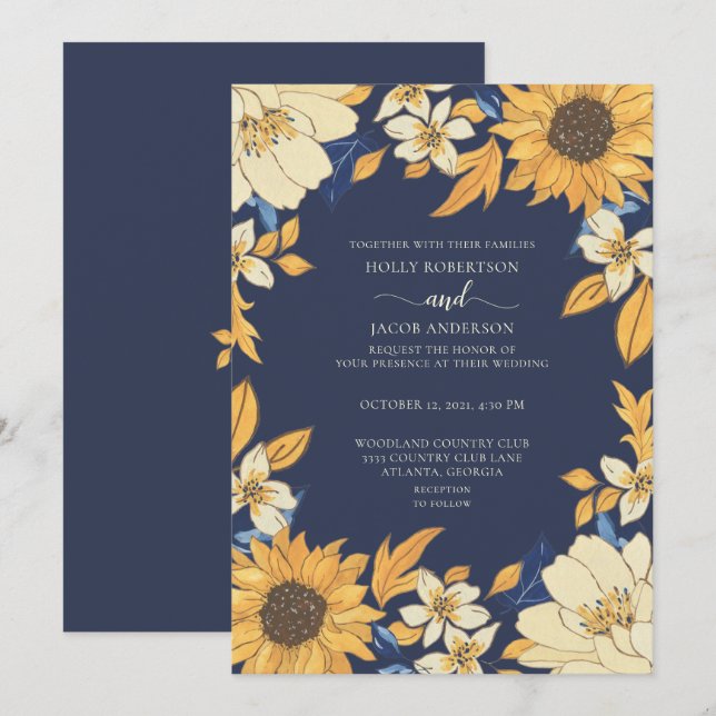 Invitation Mariage floral moderne Sunflower bleu jaune crème (Devant / Derrière)