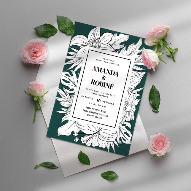 Invitation Mariage floral moderne vert et blanc tropical (Créateur téléchargé)