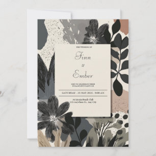 Invitation Mariage Floral Monochrome Abstrait Moderne