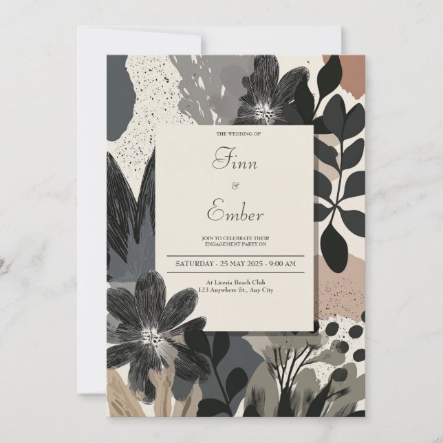 Invitation Mariage Floral Monochrome Abstrait Moderne (Devant)