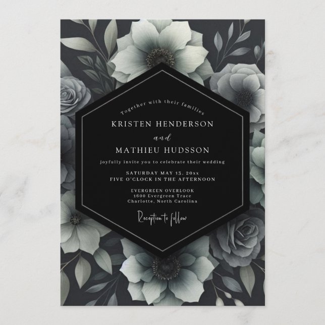Invitation Mariage Floral Monochrome Cendré (Devant)