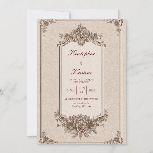Invitation Mariage Floral Monochrome Sépia de Style Victorien (Devant)