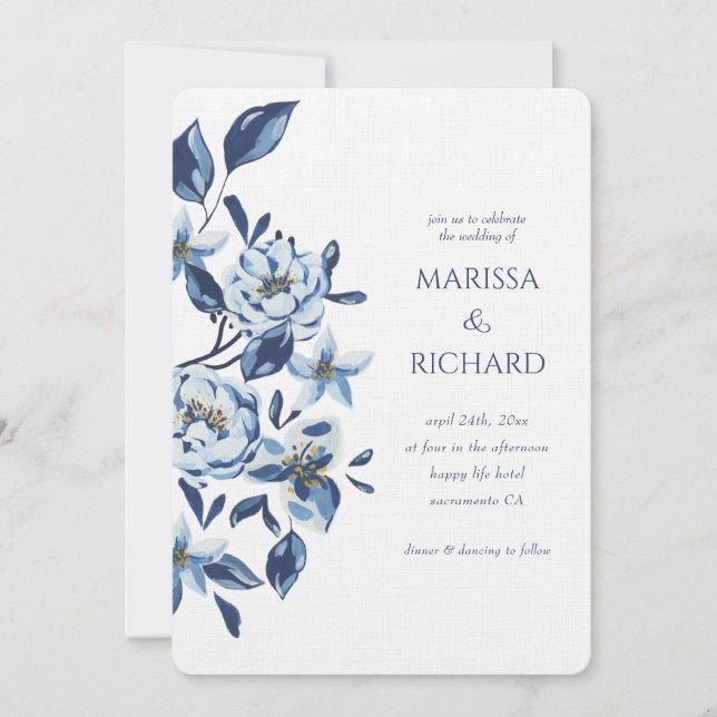 Invitation Mariage Floral Monogramme Bleu Royal Blanc (Devant)