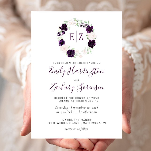 Invitation Mariage Floral Monogramme Rose Violet (Créateur téléchargé)