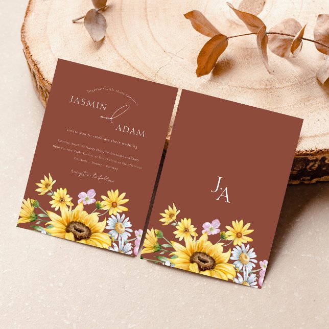 Invitation Mariage Floral Monogramme Tournesol Terracotta (Summer Terracotta Sunflowers Monogram Wedding Invitation)