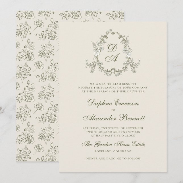 Invitation Mariage Floral Monogrammé Vert Vintage (Devant / Derrière)