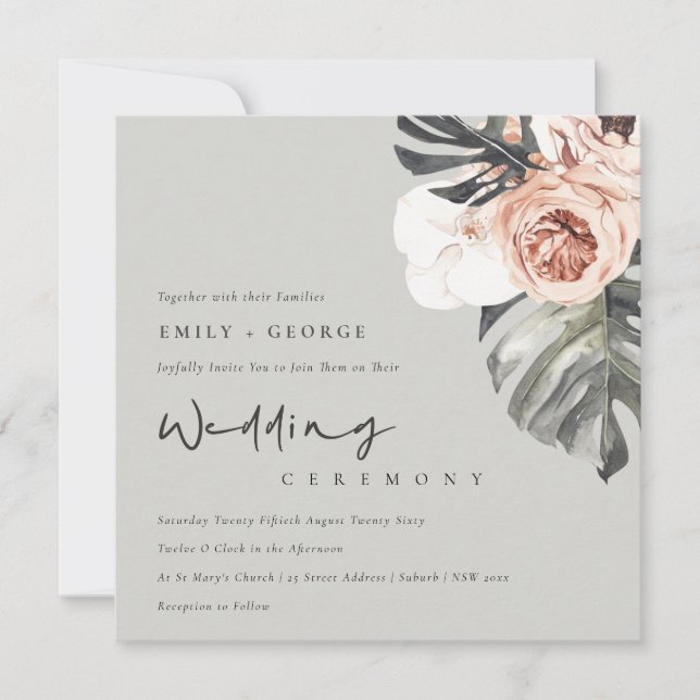 INVITATION MARIAGE FLORAL MONSTRERA EN ROUTE GRIS (Devant)