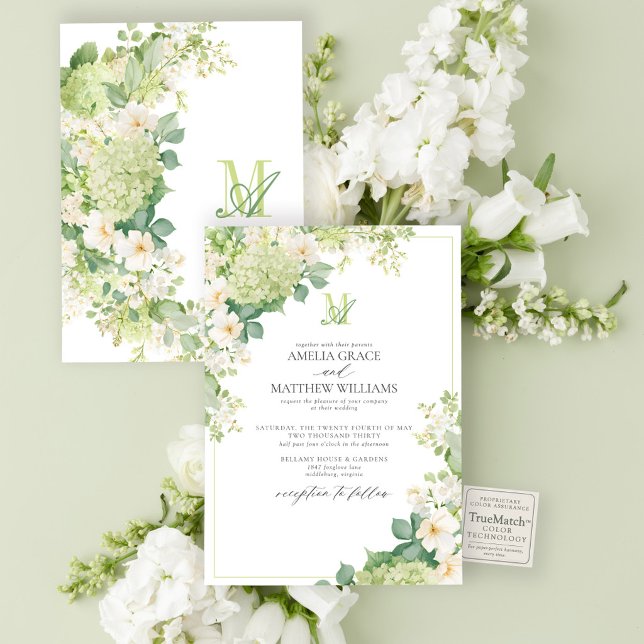 Invitation Mariage floral monumental en vert formel (Lush green hydrangeas and white garden florals create a fresh, elegant wedding invitation.)