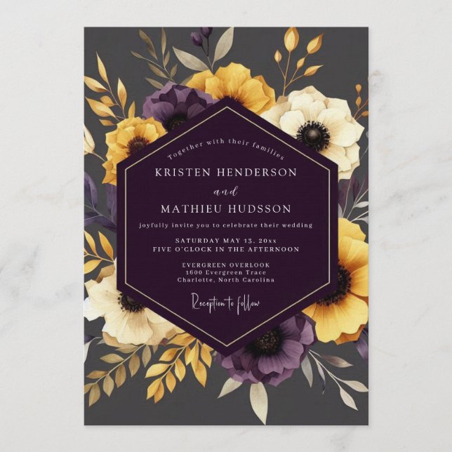 Invitation Mariage Floral Moutarde & Prune Moody (Devant)
