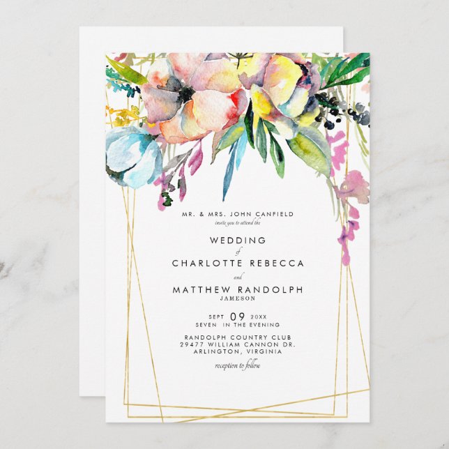 Invitation Mariage Floral multicolore aquarelle (Devant / Derrière)